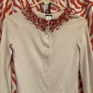 J Crew Vintage button up sweater with Colorful Beaded Collar, size small.